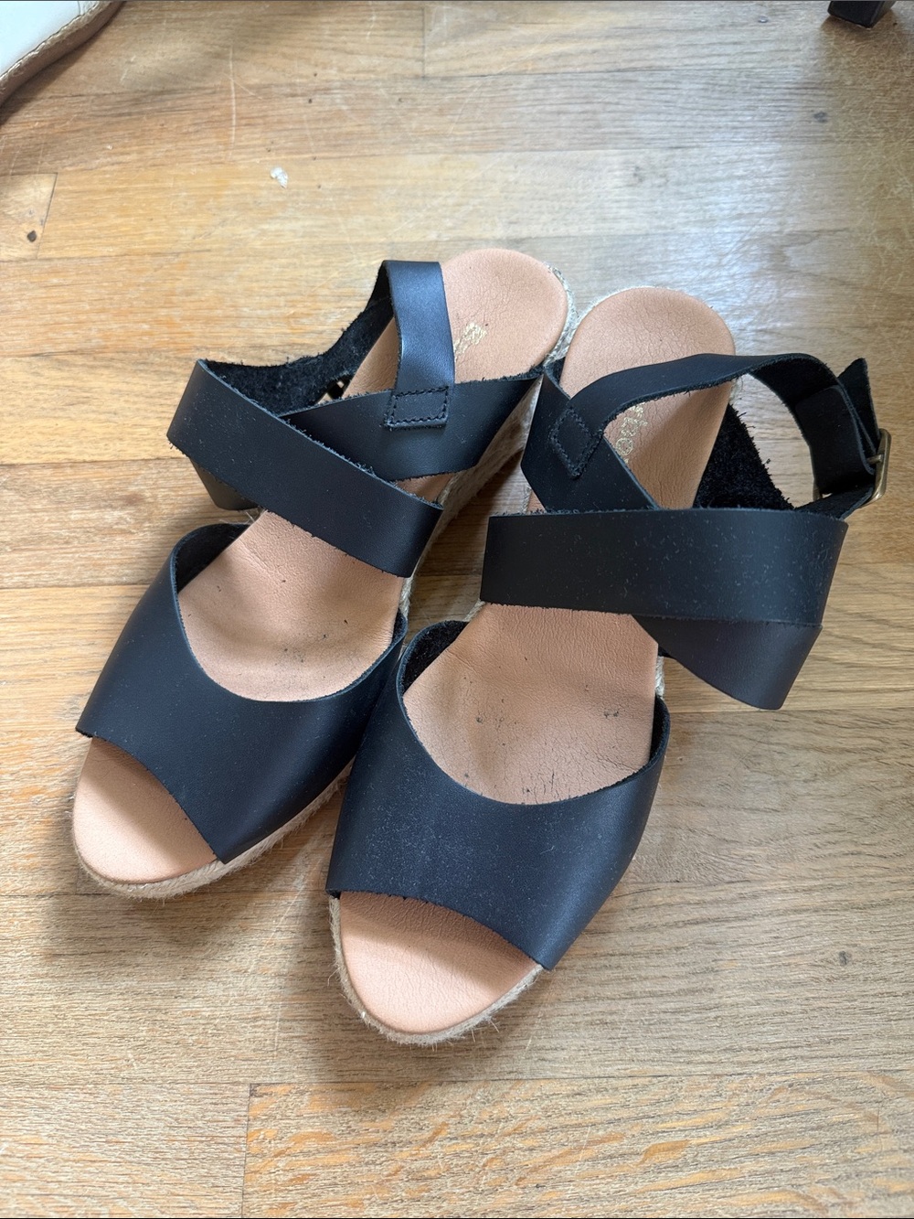 Barbour Black Leather Strappy Sandals with Tan Footbed